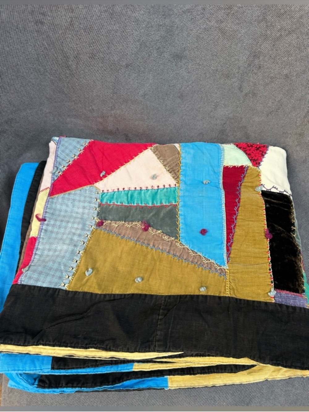 Vintage Corduroy Crazy Quilt bed runner Embroidery 33”x82” Primitive